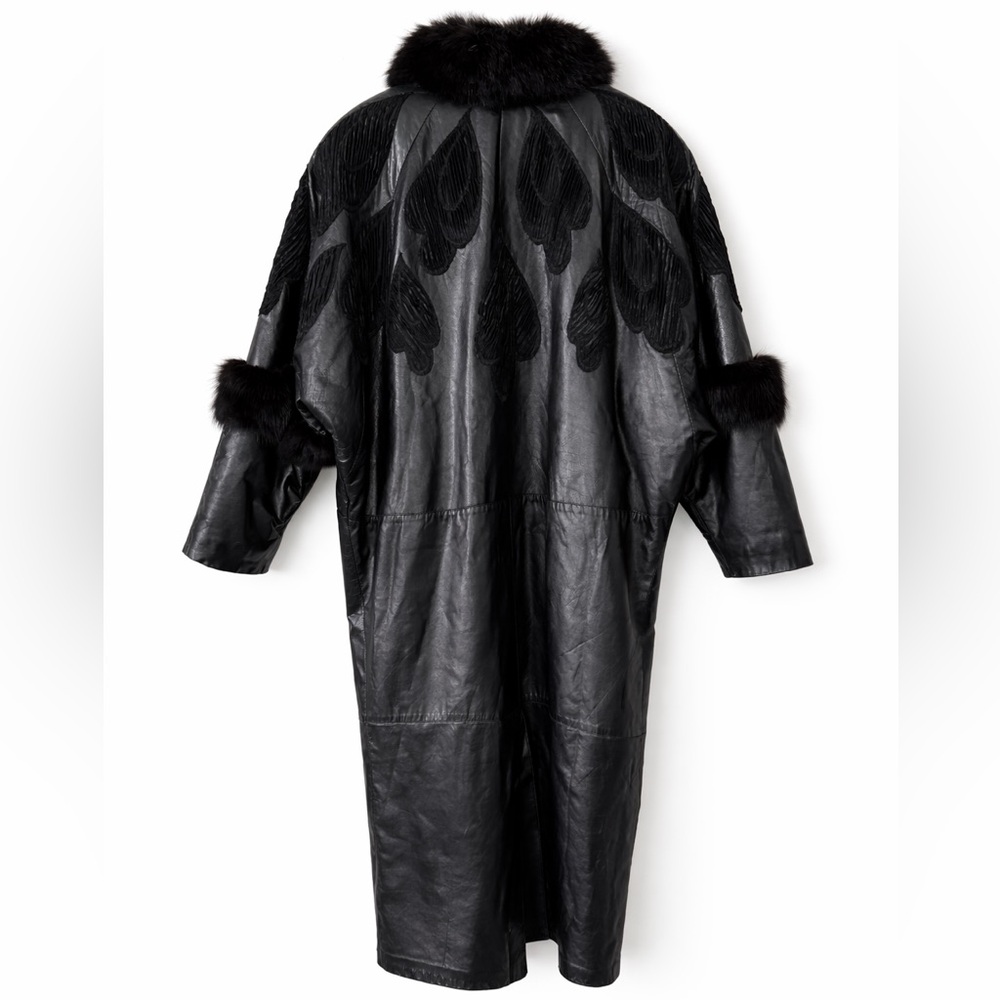 Vintage 80s Liz Harbosin Leather Trench Coat Fox Fur Full Length MobWife size 12